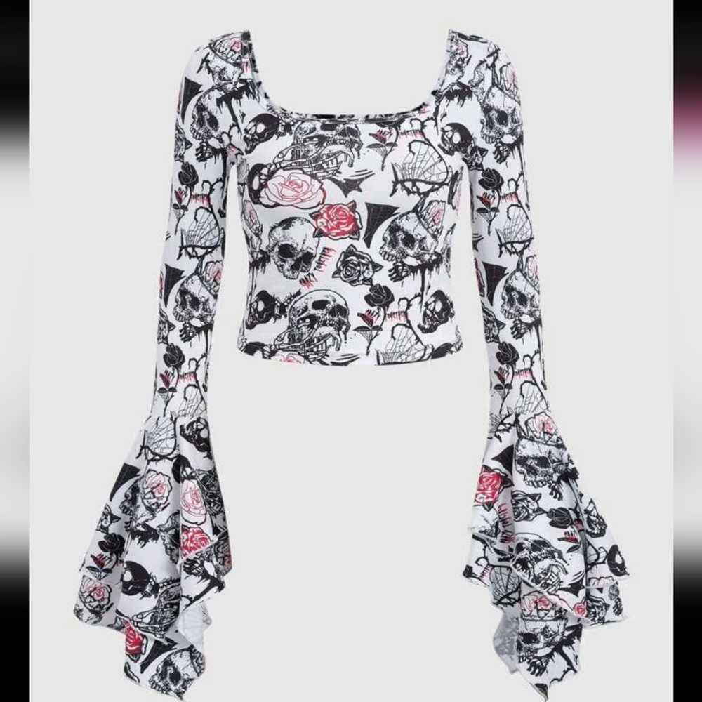 Skull print top with dramatic bell sleeves
